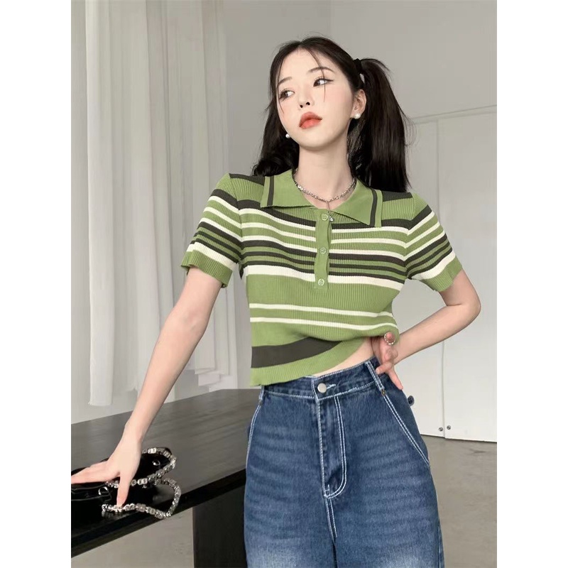 YIU YIU Rajut - Korean Atasan Rajut Stripe Wanita Lengan Pendek