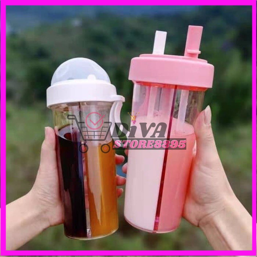 BOTOL SEDOT DUA SISI / Botol 2 sisi Kekinian Viral Duet Couple Travel 420 ml Botol Minum Dual Use Dua Sisi Termos Kopi Panas DIVA STORE