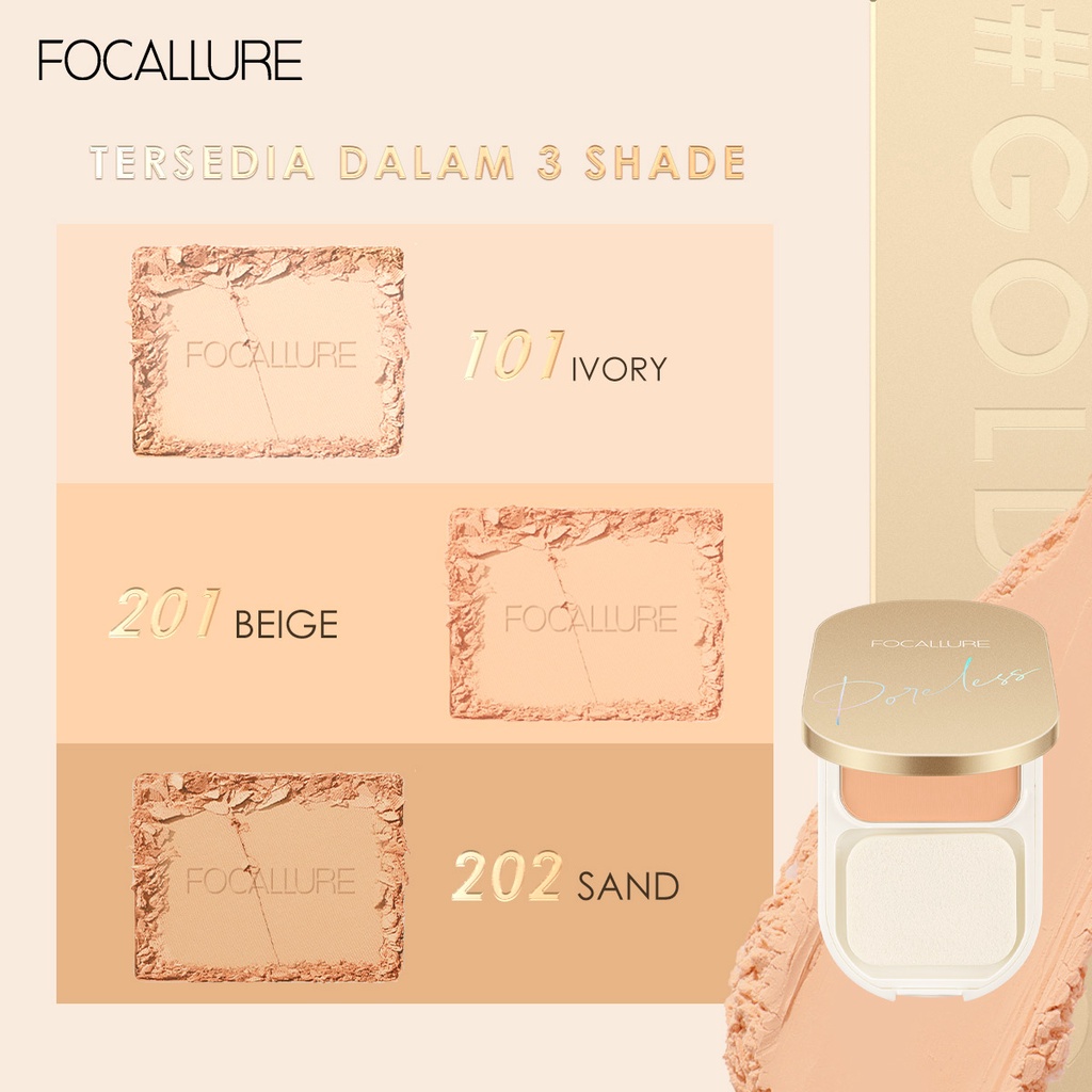 FOCALLURE #GoldenAge Matte Poreless Bedak Padat Compact Powder Waterproof Matte Pressed Powder- Up to 12 Hours