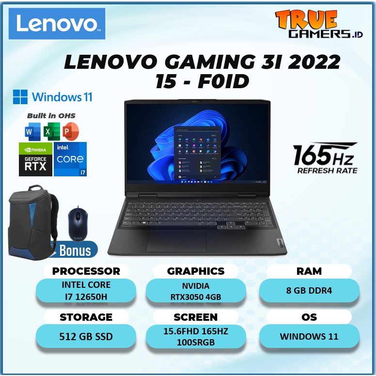 LENOVO GAMING 3i 2022 15 RTX3050 4GB/ I7 12650H 8GB 512SSD  Win 11+OHS 15.6FHD 165HZ 4ZRGB