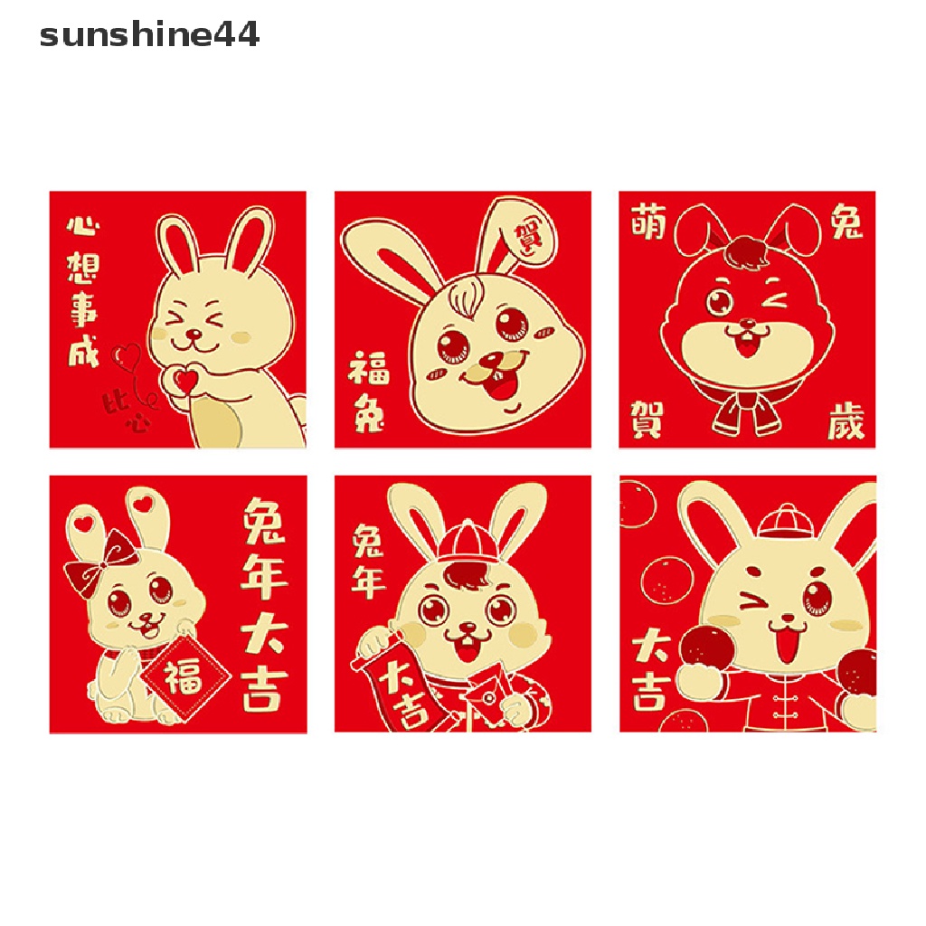 Sunshine 6Pcs 2023 Amplop Angpao Tahun Baru Cina / Imlek Gambar Kelinci Warna Merah