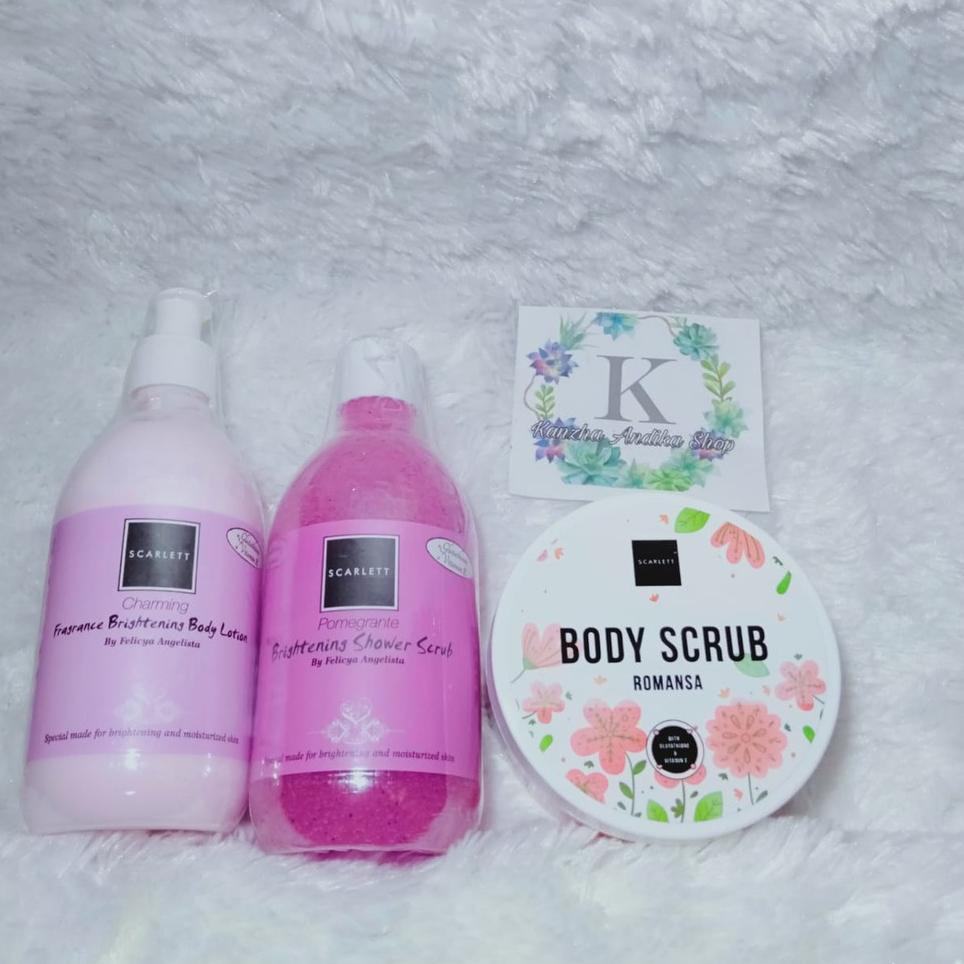Paket SCARLETT 3 in 1 Scarlet Whitening Body Lotion Charming- Scarlet Shower Scrub - Dan Facial Wash