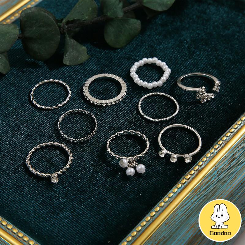 9 PCS Wanita Tipis Berongga Mutiara Kristal Kupu-kupu Berlian Premium Knuckle Ring Set -Doo