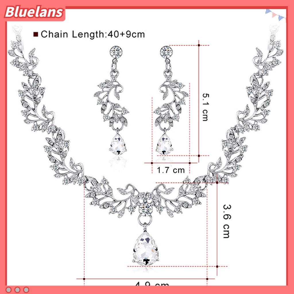 1 Set Perhiasan Kalung Anting Bentuk Daun Aksen Berlian Imitasi Adjustable Untuk Pernikahan