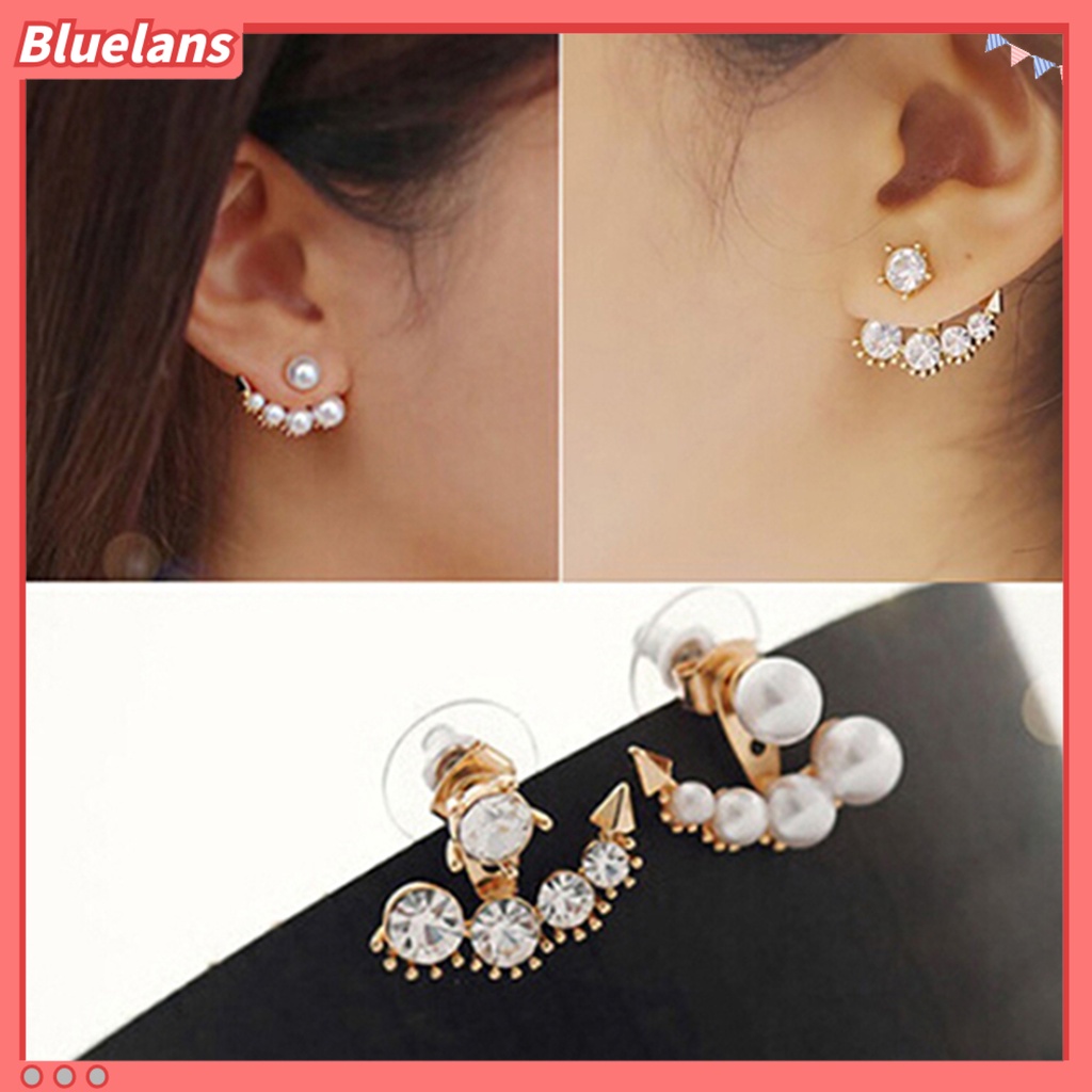 Bluelans Ear Stud Asymmetric Fashion Faux Pearl Ear Studs with Rhinestone for Women