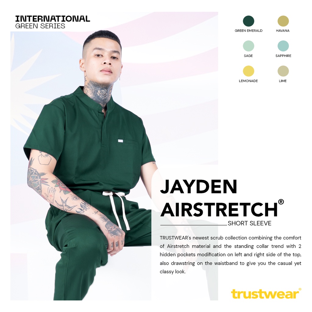 [Scrubs Jayden] Doctor's Scrub/Set Baju Celana Jaga OKA OK Perawat/Dokter Lengan Pendek Green Series [Export]