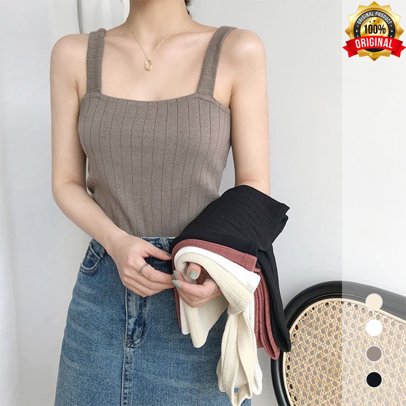 Korean Knit Tank top Import Tanktop Rajut Wanita Polos Tali Rip Lebar Fashion Atasan Singlet Tangtop