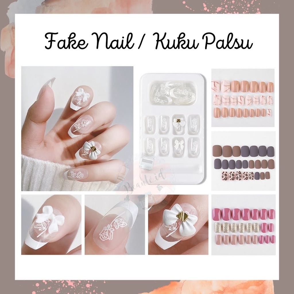 Fake Nails / Kuku Palsu Isi 24pcs dan Lem Jelly Model 3D Unik Elegan Dekorasi Kuku Copot Pasang Manicure Model Pita Nail Art Import Nikah Wedding Party