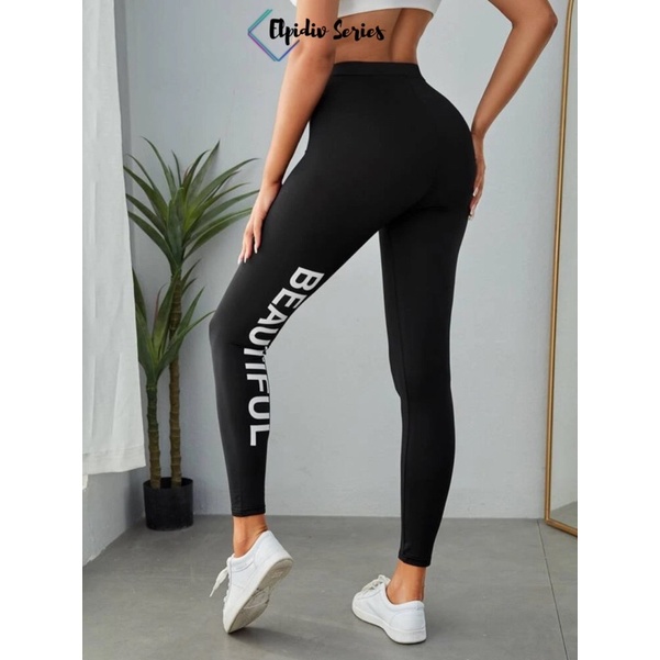 Elpidiv - Legging Wanita Motif Font BEUTIFUL Bahan kaos LDF-003 (35kg-80kg)