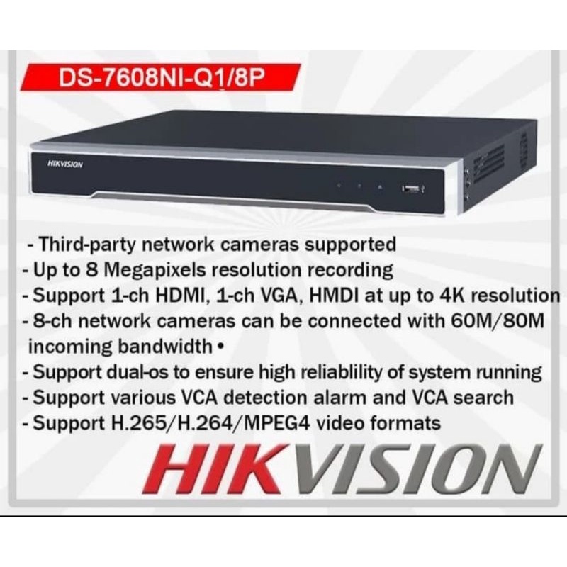 NVR HIKVISION 8 CHANNEL POE DS-7608NI-Q1-8P Garansi Resmi Hikvision 2Tahun