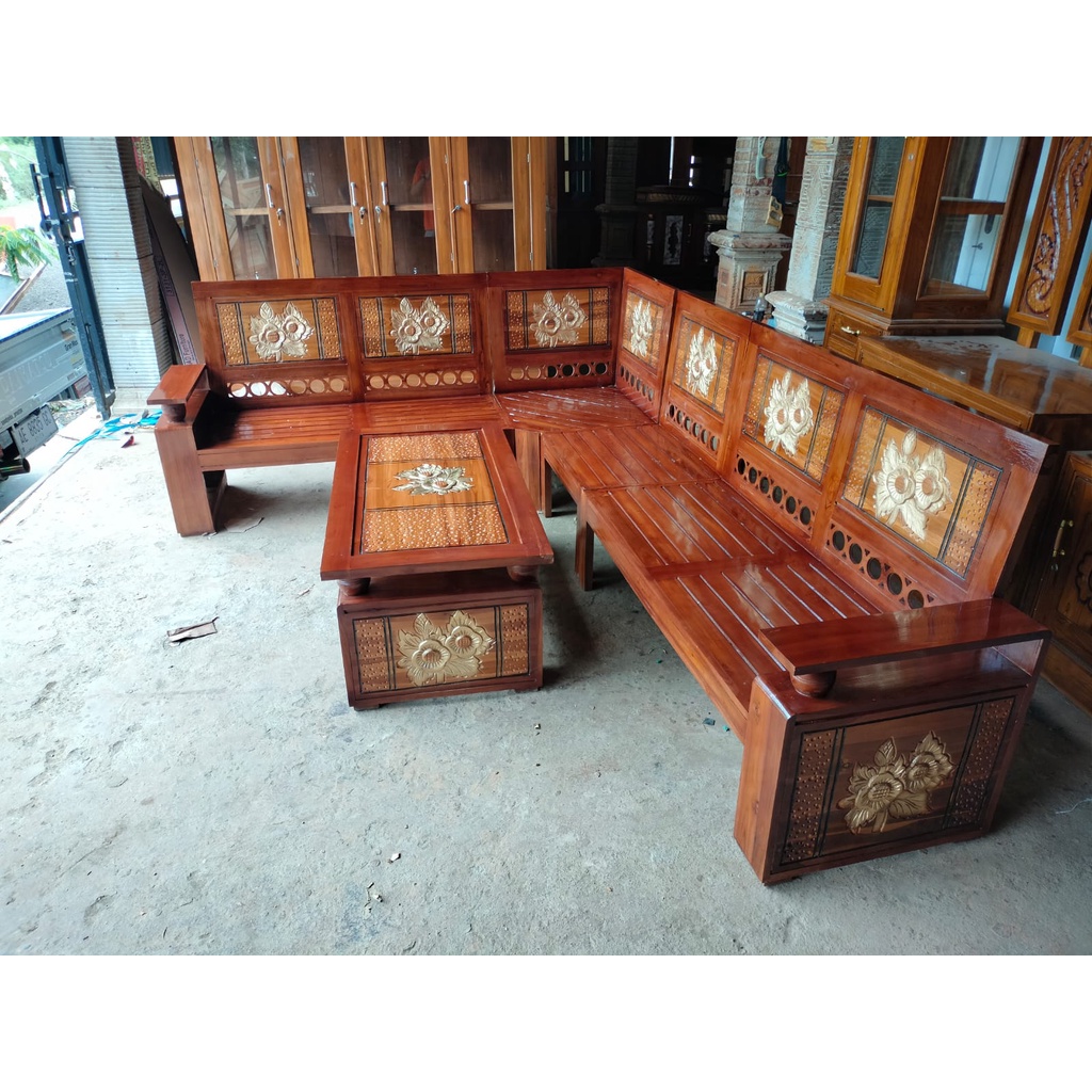 MEJA KURSI TAMU KAYU JATI MODEL SUDUT