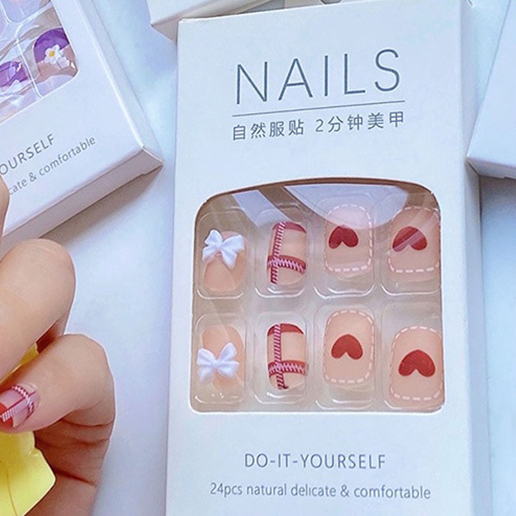INFY - Tempelan 24Pcs/Set Kuku Palsu Imitasi berikut lem nail Nail Art Nail Care kuku palsu 3d R474