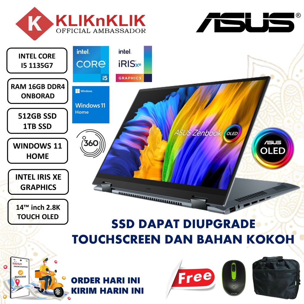 Laptop Asus Zenbook Flip UP5401EA I5 1135G7 16GB 1TB SSD FHD TOUCH 2in1 OLED WIN11Home Pine Grey Terlaris