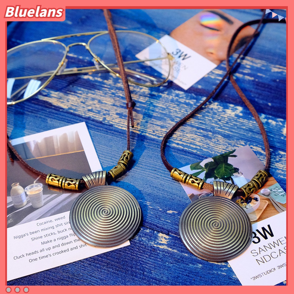 Bluelans Vintage Women Ethnic Faux Leather Spiral Disc Round Pendant Sweater Necklace