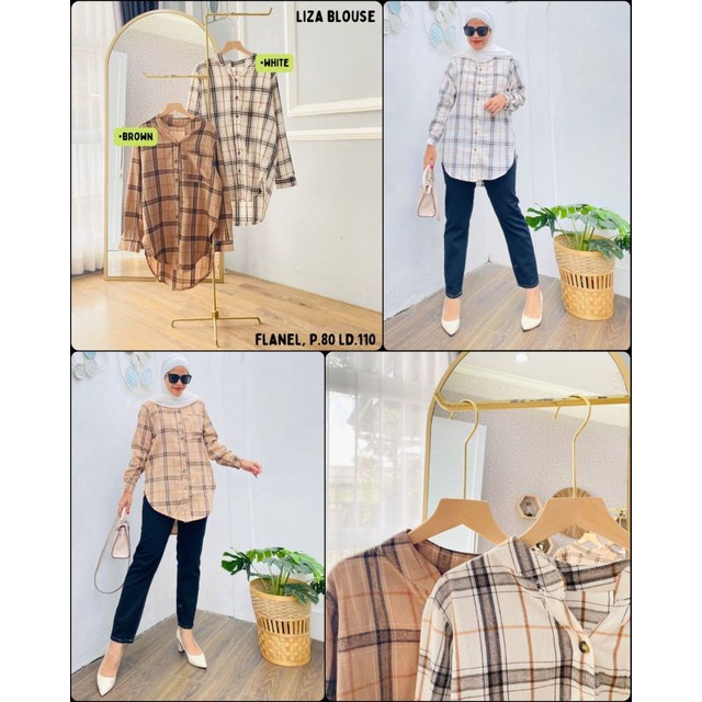 Liza tunik kotak brown white putih coklat atasan cewek motif kotak 2 flanel ootd casual keren hijab