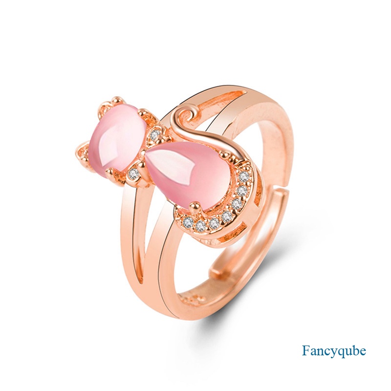 Fancyqube Cincin Tembaga Wanita Desain Kucing Hias Batu Kristal Pink Berlian Imitasi Adjustable