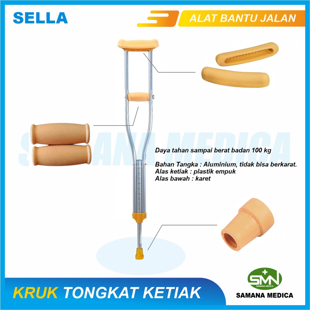 Kruk Tongkat Ketiak SELLA Ukuran S M L Aluminum Almini Adjustable Ringan Kokoh Harga per pc