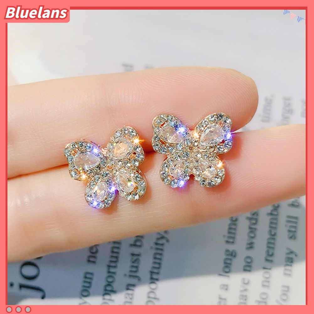 Bluelans Anting Stud Bentuk Kupu-Kupu Aksen Berlian Imitasi Untuk Wanita