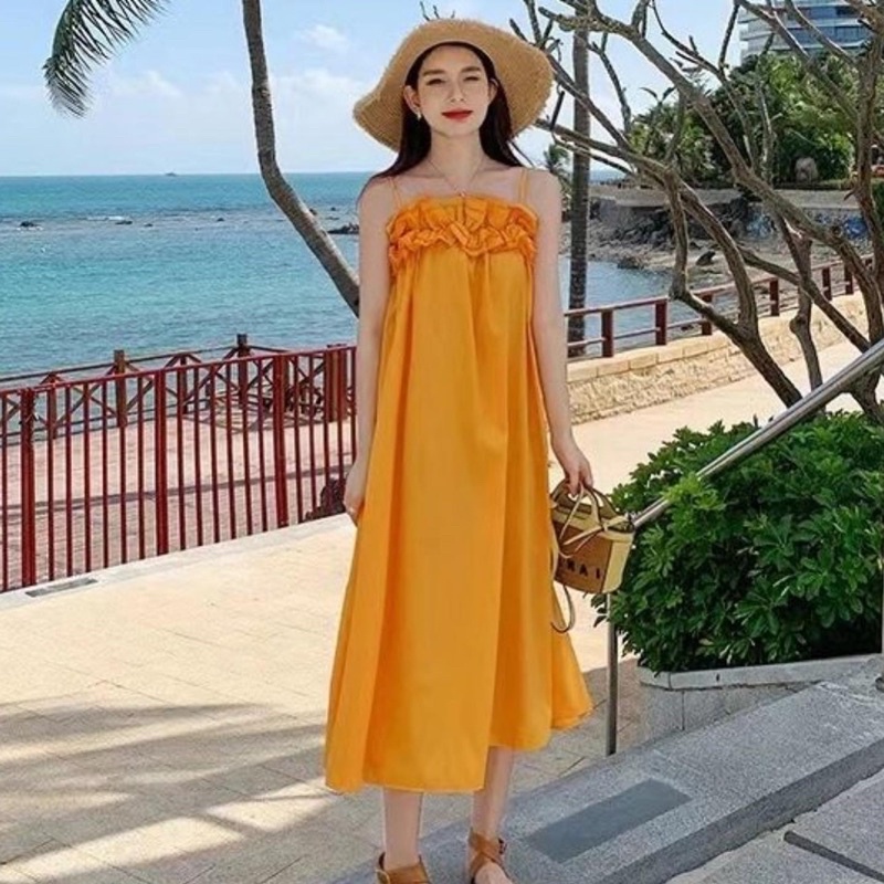 maxi dress tube kuning model ruffle di dada bahan katun CODE TG-1107