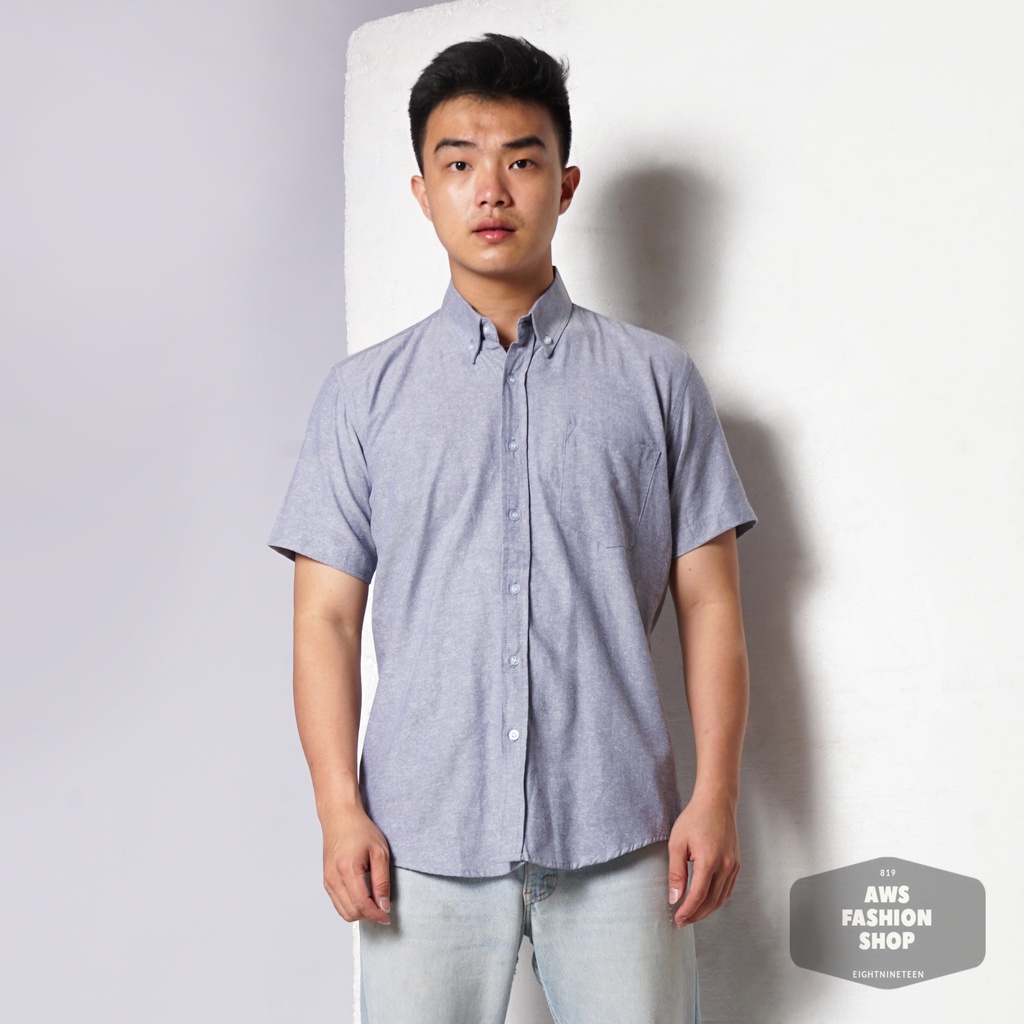 819 Kemeja Pria Lengan Pendek Polos Navy Jeans Oxford Basic SIMPLE Slimfit Casual Tersedia Ready Sampai Size JUMBO BIG SIZE XXL XXXL