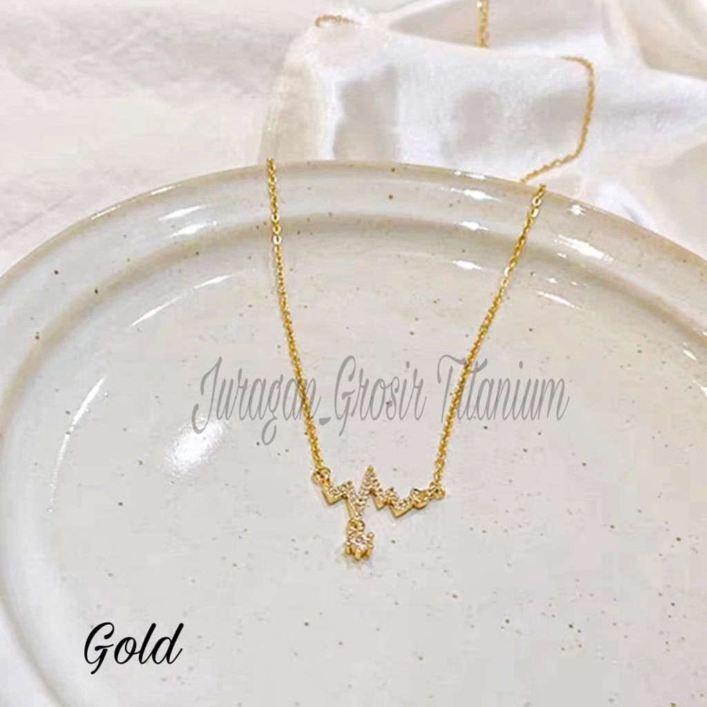KALUNG TITANIUM DETAK JANTUNG ZIRCON RANTAI MEWAH ANTI KARAT&amp;ANTI LUNTUR