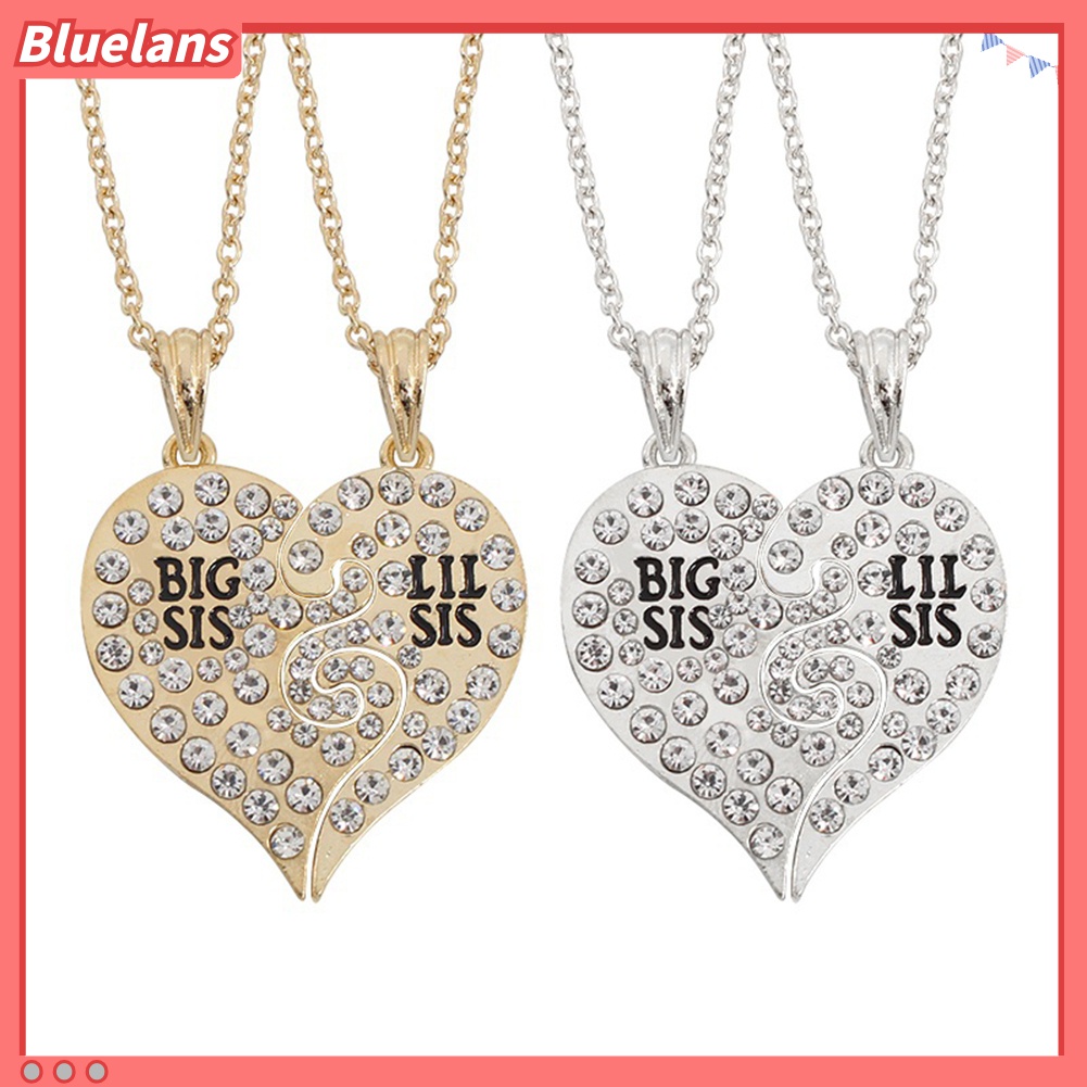 2pcs Kalung Bentuk Hati Motif Tulisan Big Little Sister Aksen Berlian Imitasi