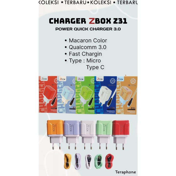 CHARGER TC ZBOX Z31 MACARON KABEL MICRO / TYPE C QC 3.0 FAST CHARGING