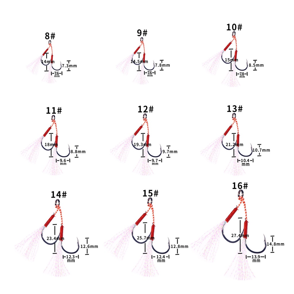 Hengjia 5 Pcs Kail Pancing High Carbon Steel Jigging Fishing Assist Hooks 8#-20# Double/single Barbed Jig Fishhooks with Glow Feather For Lead Lure