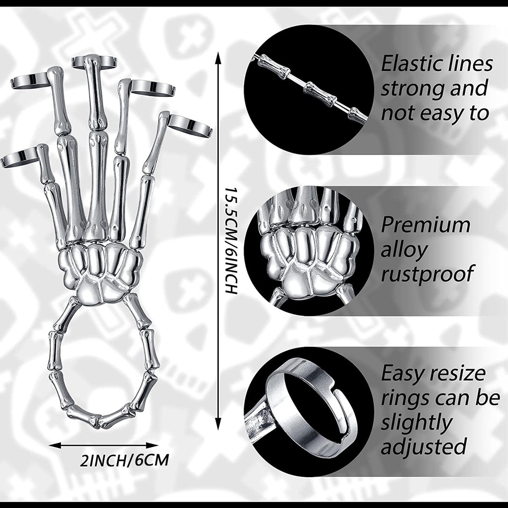 Gelang Rantai Cincin Jari Tangan Model Tengkorak Gaya Punk Serbaguna Dapat Disesuaikan Untuk Dekorasi Halloween