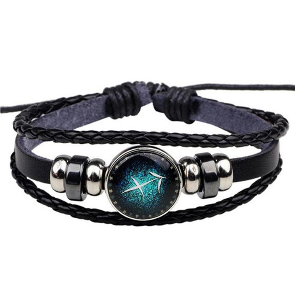 Timekey Gelang Tali Kulit Kepang Multilayer Dengan Charm Bulat Motif Zodiak Untuk Priawanita W9Z1