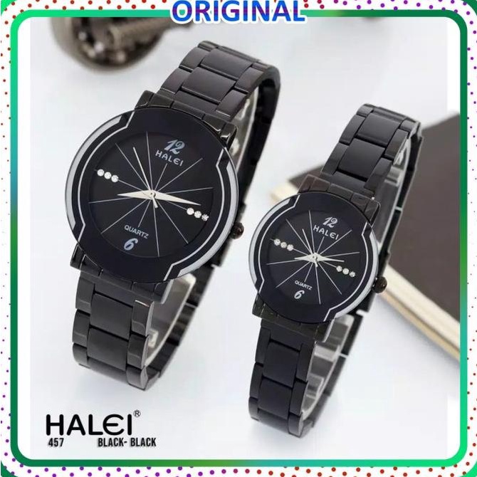 Jam Tangan Pria Wanita Couple Halei Original 457 Rantai Full Black