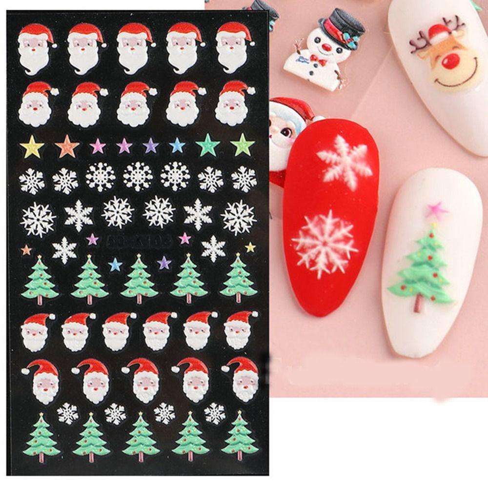 Mxbeauty Stiker Kuku Natal Lucu 5D Musim Dingin Santa Claus Putih Snowflakes Rusa Manicure Aksesoris