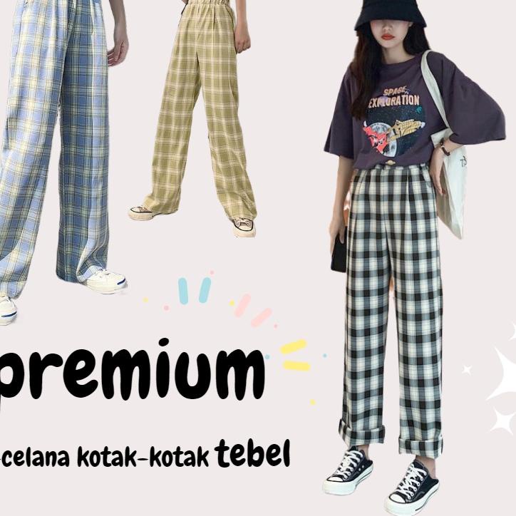 Paling Dicari Celana Kotak Kotak Wanita Celana Highwaist Wanita Kulot Celana Korea Pinggang Elastis 
