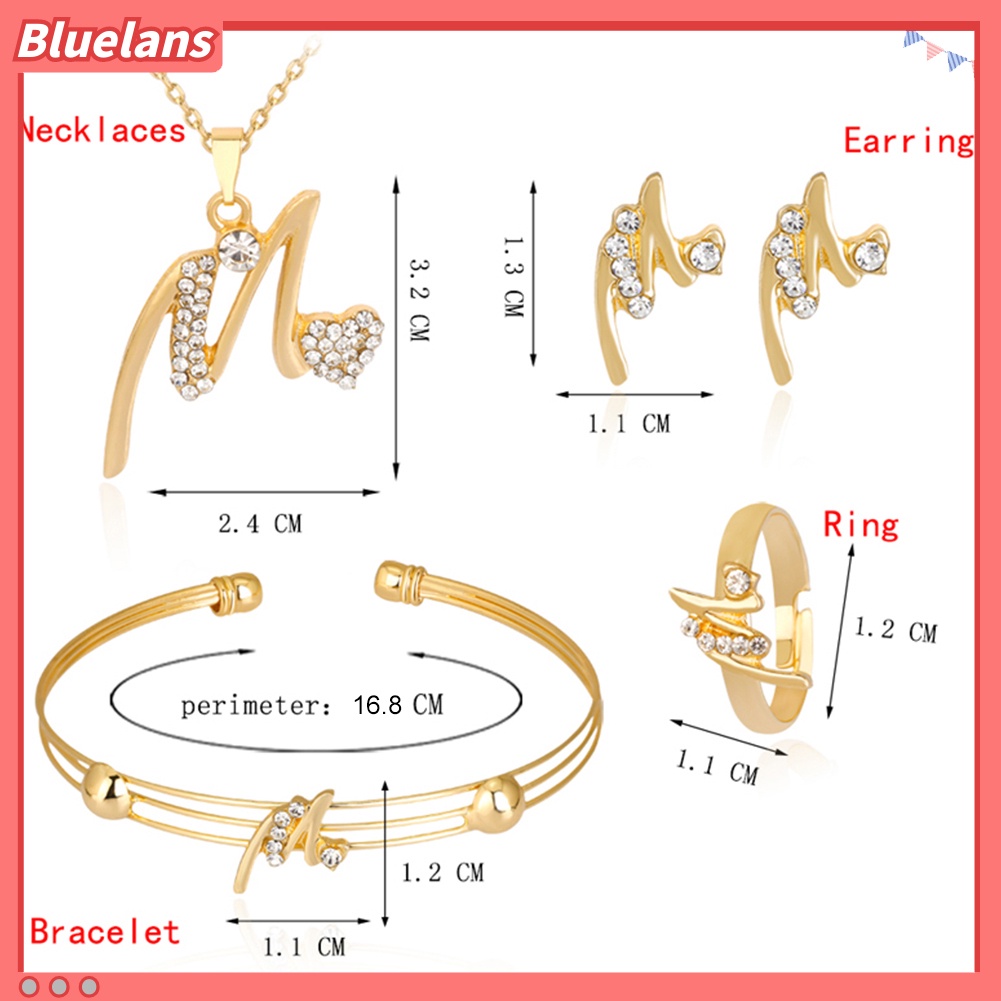 Bluelans KC Gold Plated Rhinestone Heart M Letter Pendant Necklace Ring Bangle Earrings