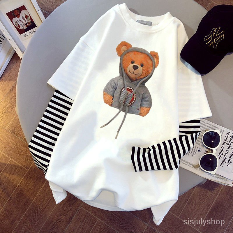 #Sisjuly# Wanita teddy bear bergaris-garis tambal sulam palsu dua potong T-shirt lengan panjang wani