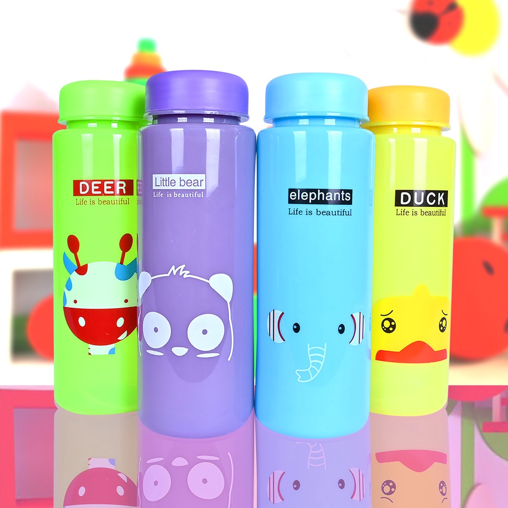 Botol Minum Animal Karakter 450ml / Botol minum Kaca Animal tempat minum gambar motif hewan kelinci rusa panda bebek gajah singa anak panas dingin es