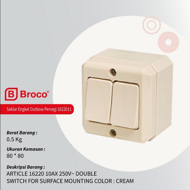 Saklar Double Outbow BROCO 16220 Putih 10A/250V