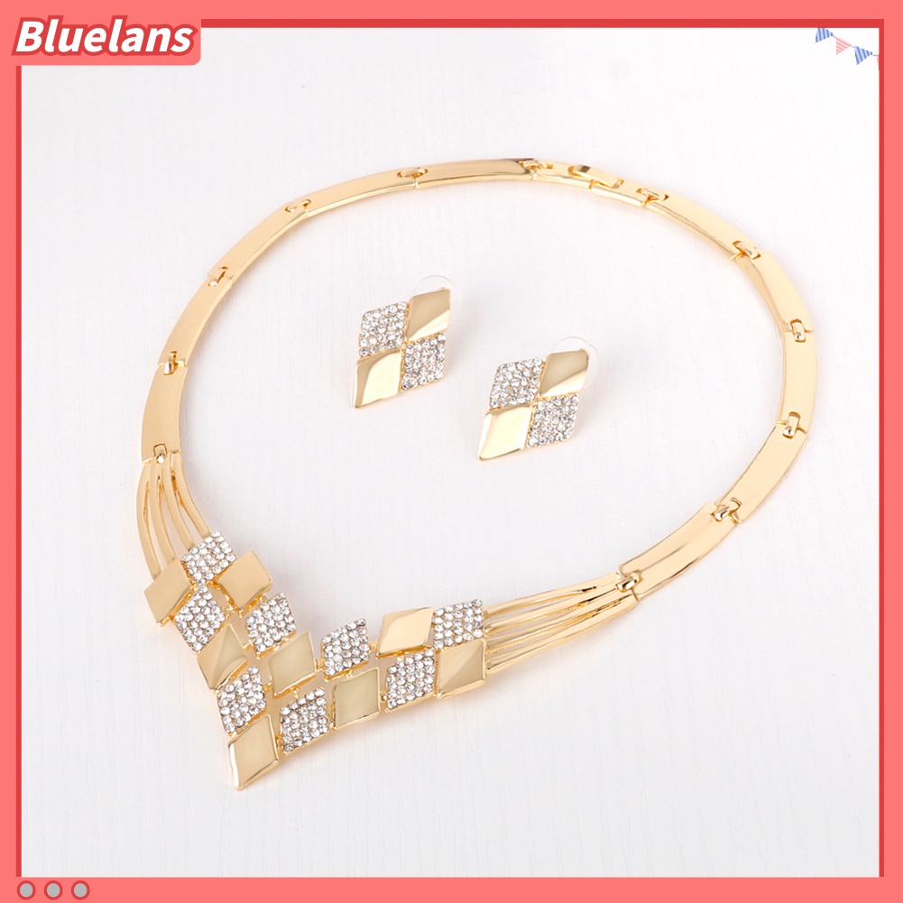 Bluelans Women KC Gold Plated Rhombus Shape Necklace Earrings Rhinestones Jewelry Set