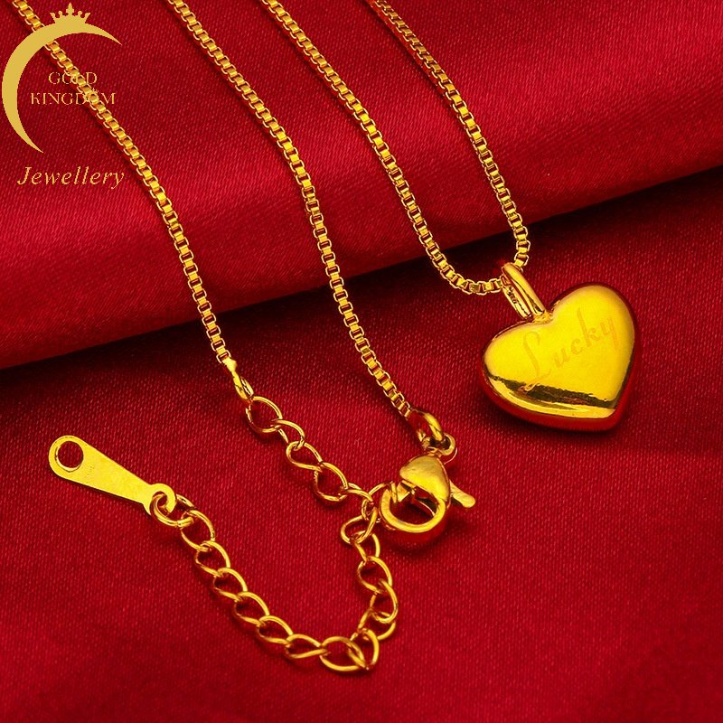 Goldkingdom Fashion Perhiasan Emas Asli Kadar 375 Bangkok Aksesoris Ready Stock Cinta Liontin Beruntung Wanita Peach Hati Riak Kalung Dengan Rantai Dipanjangkan
