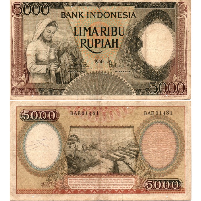 Uang Kertas 5000 Rupiah Seri Pekerja Tangan I Tahun 1958 VF