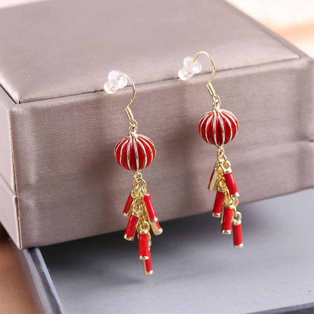 Augustina Anting Gantung Panjang Kait Motif Lentera Merah Bahan Alloy Untuk Perhiasan Wanita