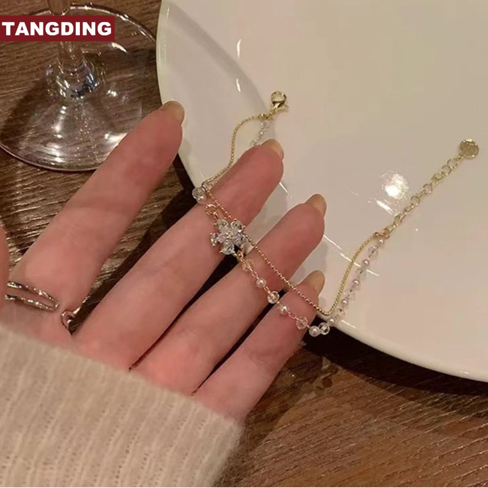 【COD Tangding】Gelang Mutiara Liontin Bunga Lapisan Ganda Untuk Aksesoris Perhiasan Wanita