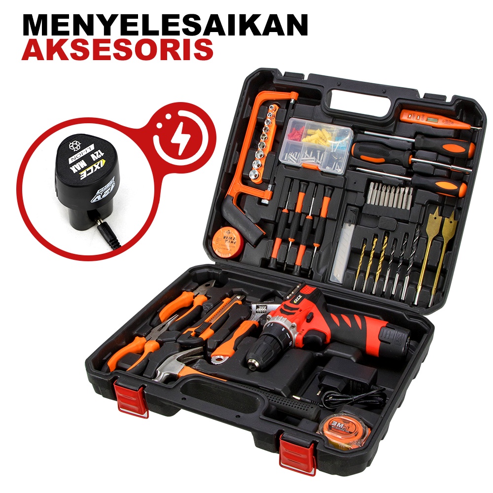 IXCE 118Pcs Hand Toolset / Tool Kit Set / Toolbox 12V Cordless Drill Set / Kotak Alat Multifungsi Bor Listrik Set Obeng / Electrician Tools