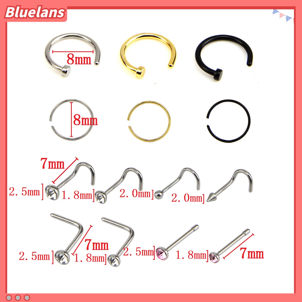 14pcs / Set Anting Tindik Hidung Bahan Stainless Steel Aksen Berlian Imitasi Bentuk Campur Untuk Unisex