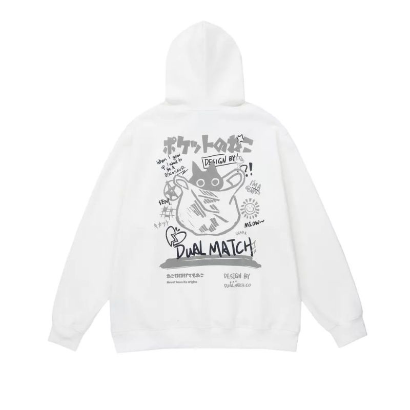 Japanese Style Hoodie Sweater Harajuku Funny Cat Print Pullover Hoodie Casual Pria Wanita