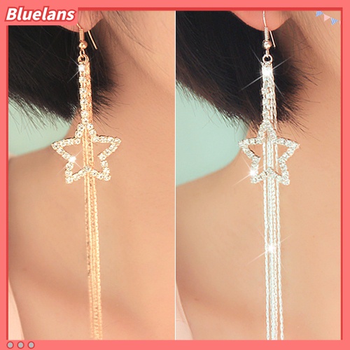 Anting Kait Rantai Panjang Menjuntai Bentuk Bintang Pentacle Aksen Berlian Imitasi Untuk Wanita