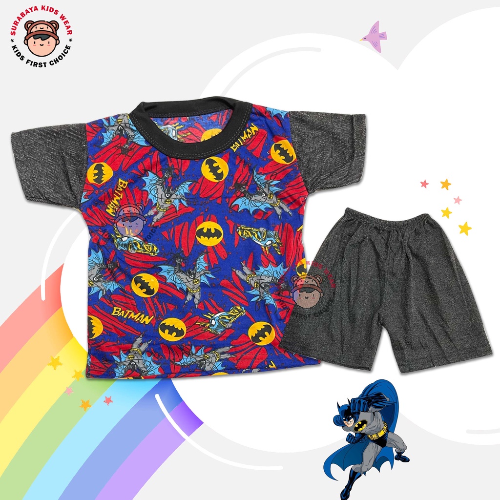 Setelan Anak Lengan Pendek Motif Superhero Celana Jean
