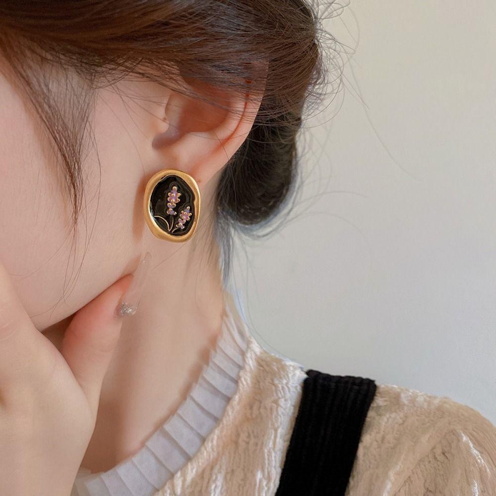 Needway Wanita Stud Anting Trendi Vintage Gaya Perancis Telinga Perhiasan Drip Minyak Tembaga Temperamen Menjuntai Drop Earrings