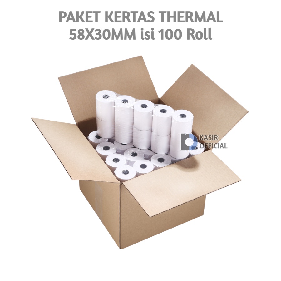 

Paket Kertas Thermal 58x30mm 100Roll / Thermal Paper Receipt Struk Lebar 58mm Diameter 30mm Harga 1 Dus isi 100 Roll