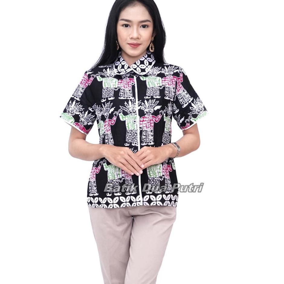 Kemaja Batik Wanita Blouse Atasan Motif Ondel Ondel Warna Merah & Hitam Size S-M-L-XL-XXL-3L-4L-5L ▪